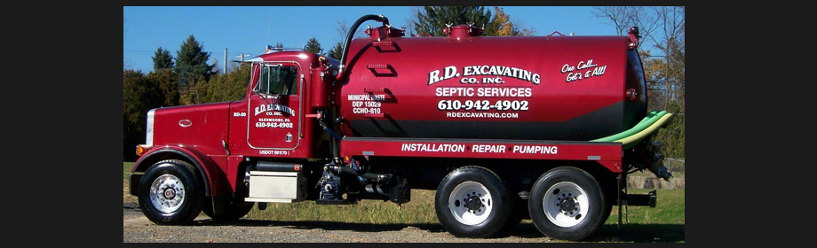 R.D. Excavating septic pump truck, lettered for installation, repair and pumping