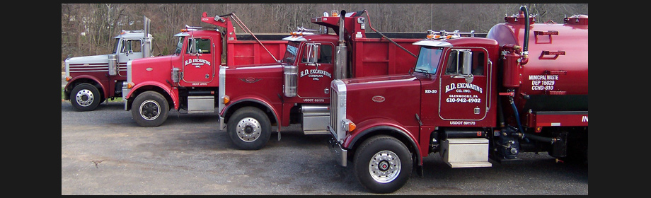 Row of red R.D. Excavating trucks: dump trucks and a septic pump truck
